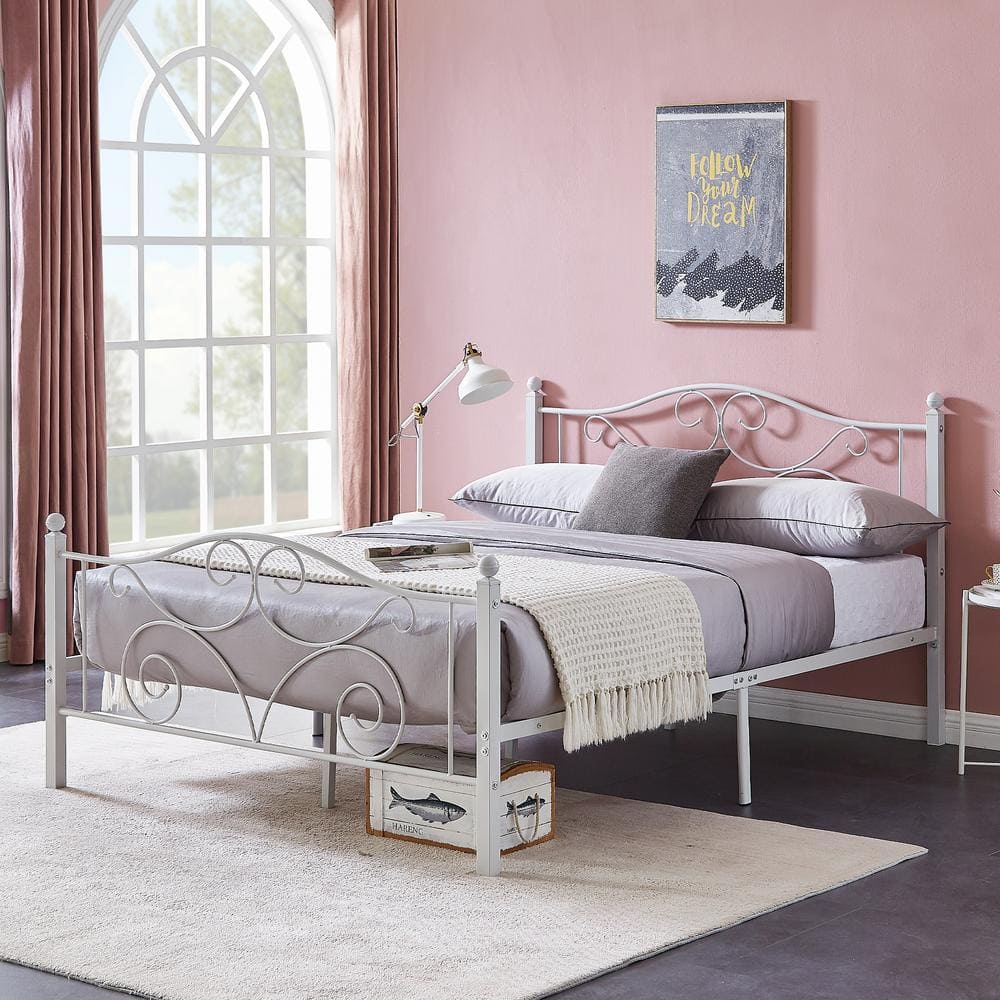 Elegant White Metal Full Size Platform Bed Frame with Headboard