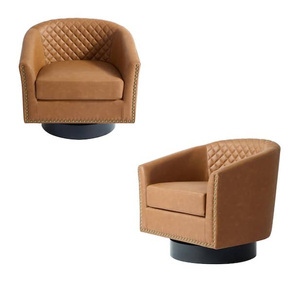Mid-Century Coffee PU Leather 360° Swivel Accent Arm Chair with Nailhead Trim (Set of 2)
