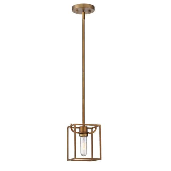 Uptown 60-Watt 1-Light Old Satin Brass Mini-Pendant with Cage Shade