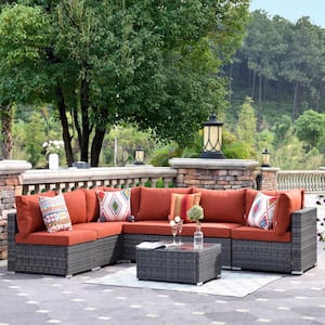 Positano Gray 7-Piece Wicker Outdoor Patio Conversation Seating Set with Orange Red Cushions