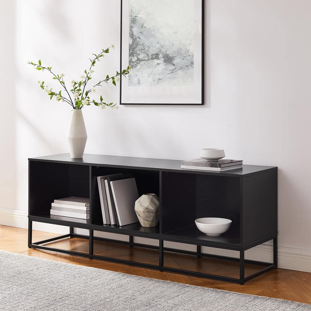 Black Steel Minimalist Media Console with Vinyl Storage