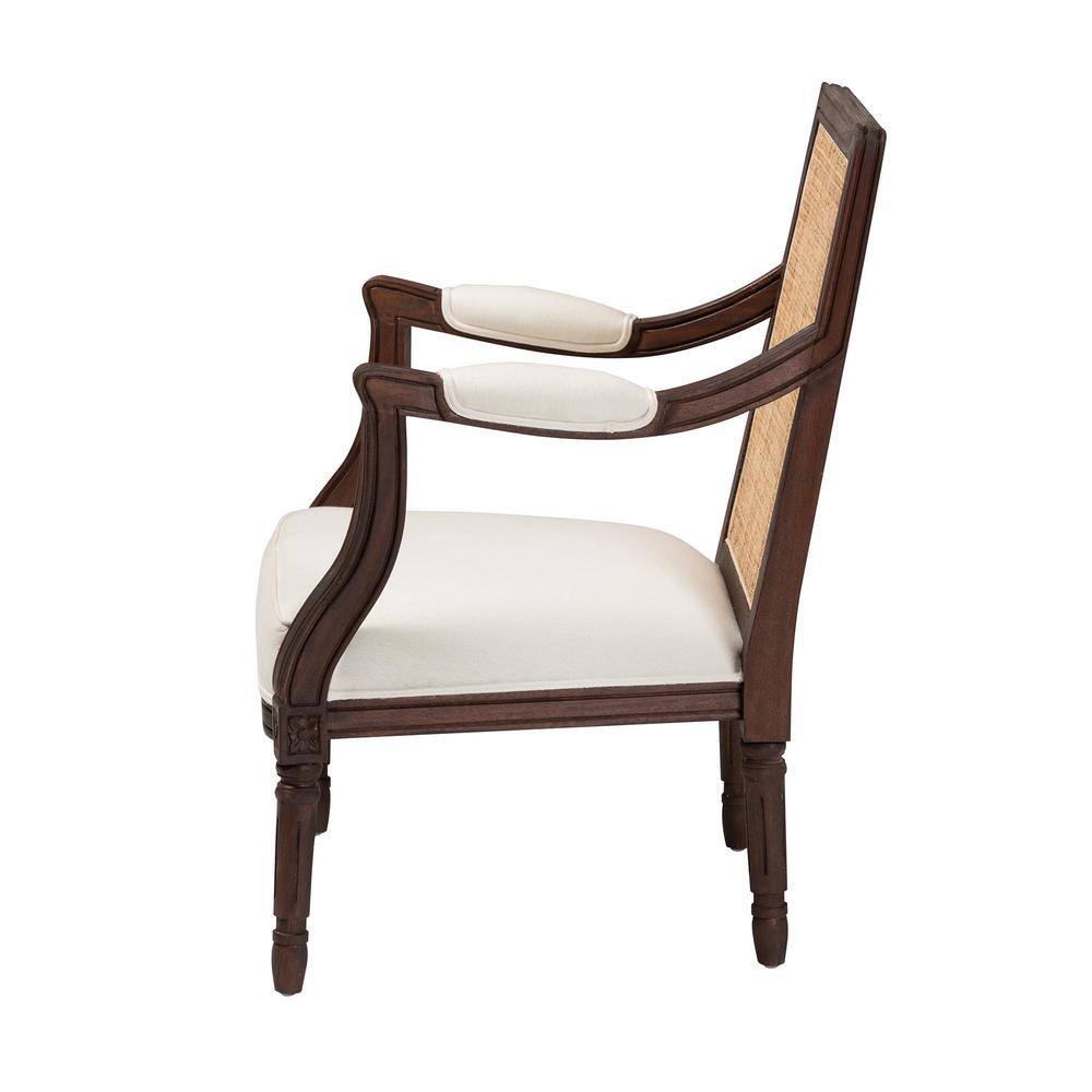 Traditional French Dark Brown Wood and Beige Fabric Accent Chair