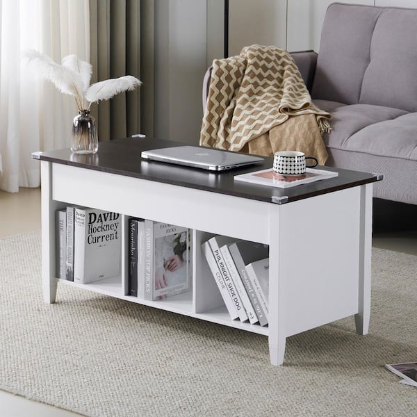 VINGLI 39. 96in Light Brown Rectangle MDF Coffee Table with Lift Function Double-Layered Solid Wood Legs