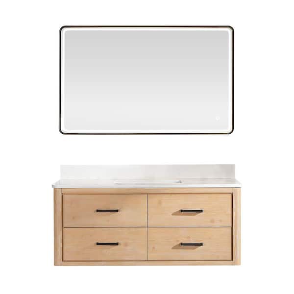 ROSWELL Cristo 48 in. W x 22 in. D x 20.6 in. H Single Sink Bath Vanity in Fir Wood Brown with White Quartz Stone Top and Mirror