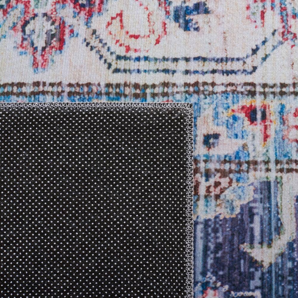 Navy and Beige 6' Square Washable Synthetic Area Rug