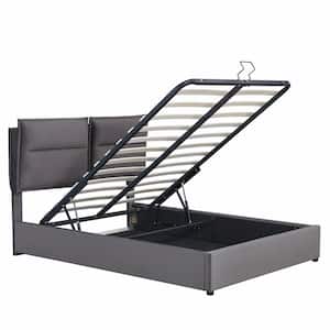 Gray Wood Frame Queen Size Upholstered Platform Bed with a Hydraulic Storage System