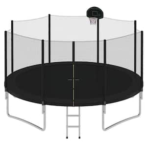 14 ft. Black Trampoline for Kids with Safety Enclosure Net, Basketball Hoop and Ladder