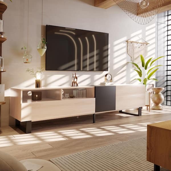 Natural Wood TV Stand Entertainment Center Fits TV's up to 80 in. with Double Storage Space and Drop-Down Door
