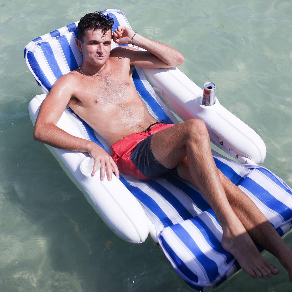 Blue and White Striped Padded Floating Pool Lounger with Cup Holders