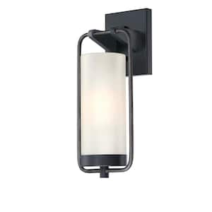 Galtero 1-Light Matte Black and Distressed Aluminum Finish Outdoor Wall Mount Lantern with White Frosted Glass