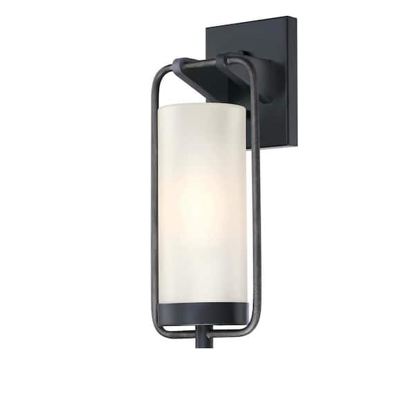 Westinghouse Galtero 1-Light Matte Black and Distressed Aluminum Finish Outdoor Wall Mount Lantern with White Frosted Glass