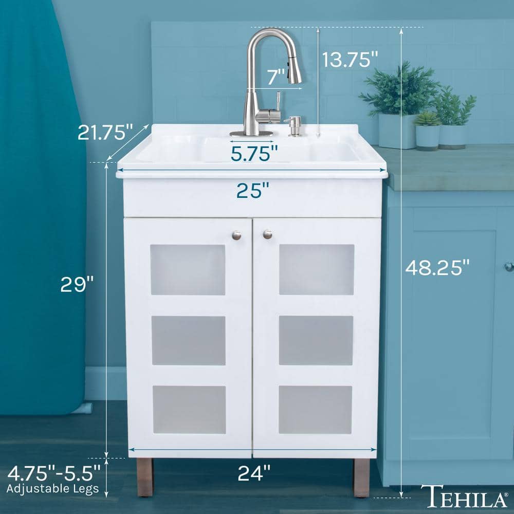 White Freestanding Laundry Sink Cabinet with Stainless Steel Faucet