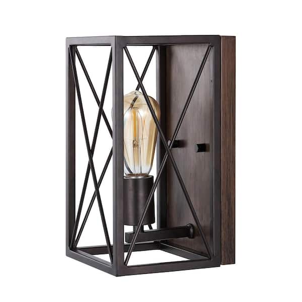 Norris X-Frame 6 in. 1-Light Oil Rubbed Bronze/Wood Farmhouse Rustic Iron LED Wall Sconce