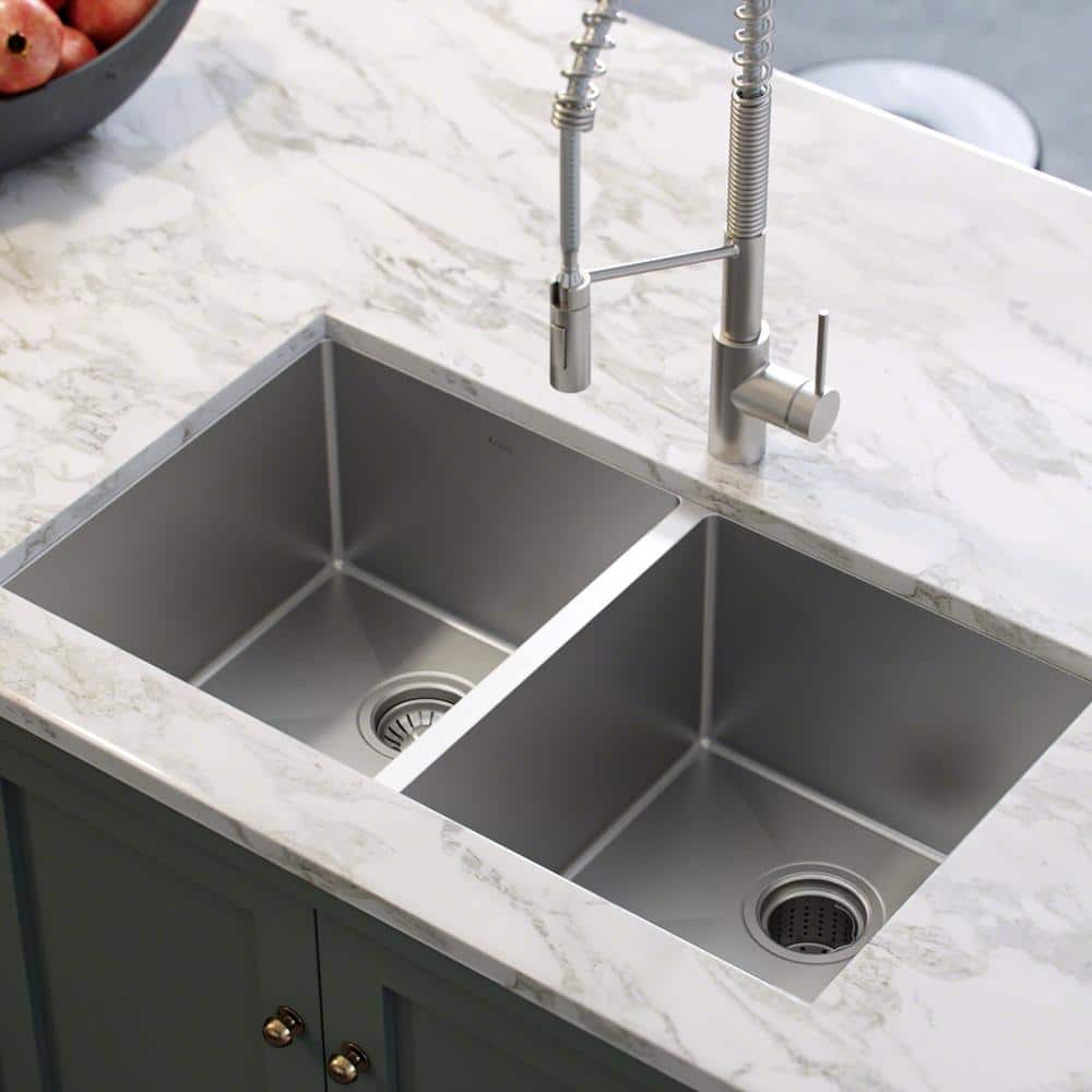 33" Satin Stainless Steel Double Bowl Farmhouse Sink with Disposal