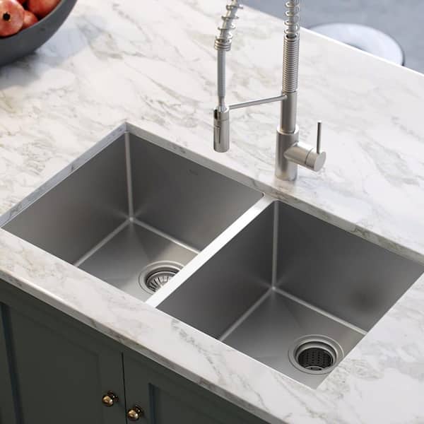 Standart PRO26 Gauge Stainless Steel 33 in. 50/50 Double Bowl Undermount Kitchen Sink with WasteGuard Garbage Disposal
