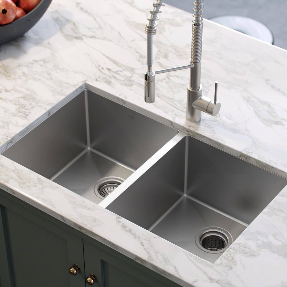 Kraus 33" Satin Stainless Steel Double Bowl Undermount Kitchen Sink
