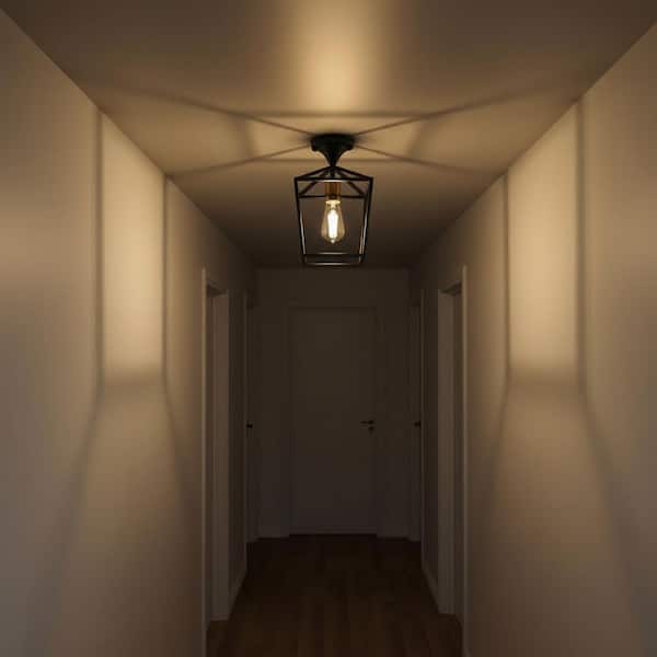 YANSUN 7.28 in. 1-Light Black and Gold Farmhouse Semi Flush Mount Ceiling Light-Retro Cage Fixture with Glass Shade