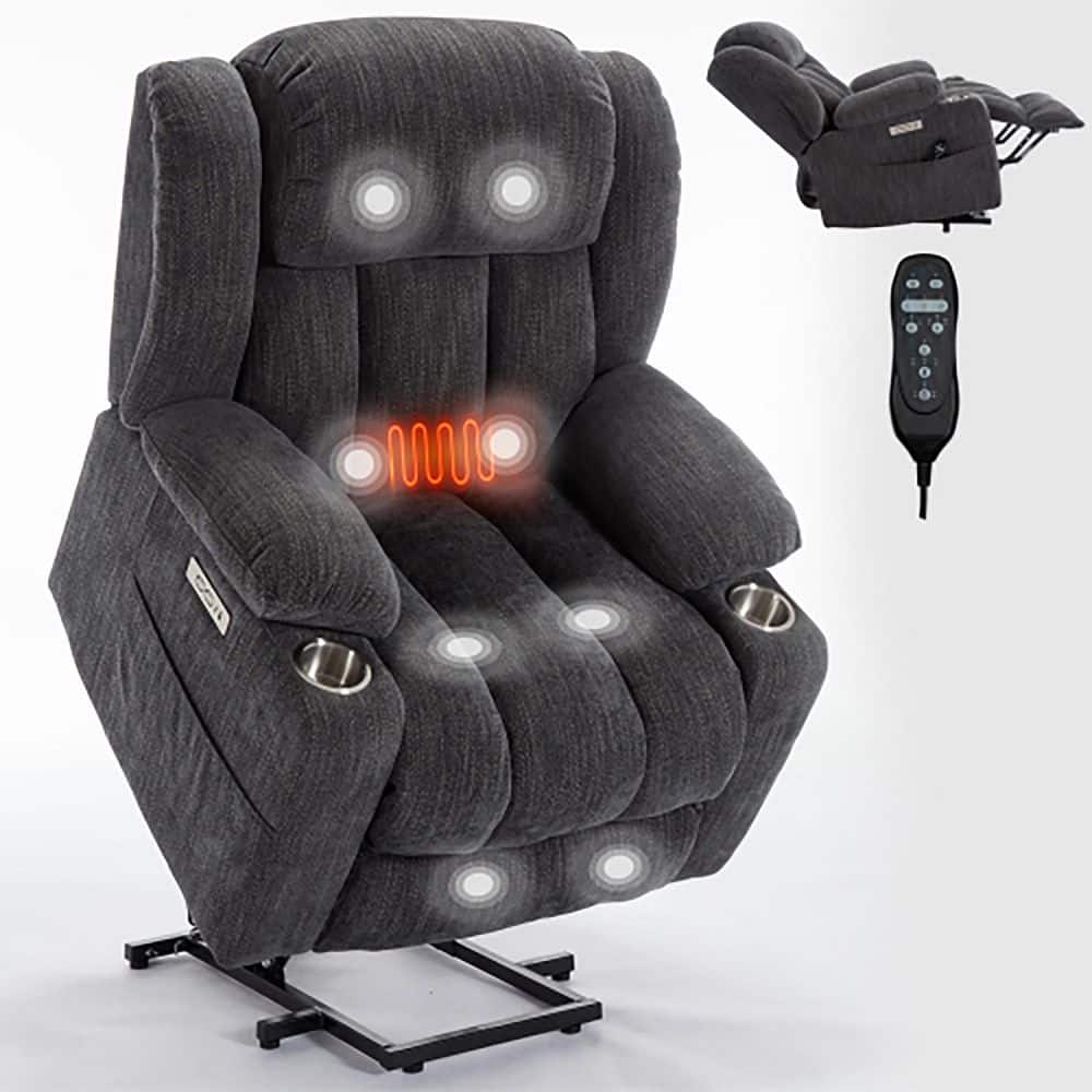 Gray Elderly Soft Chenille Fabric Power-Lift Recliner with 8-Point Vibratio