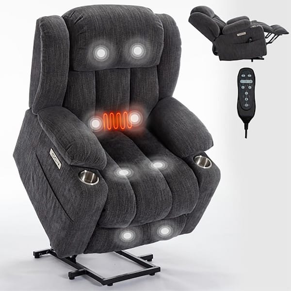 Boyel Living Gray Elderly Soft Chenille Fabric Power-Lift Recliner with 8-Point Vibration Massage and Lumbar Heating