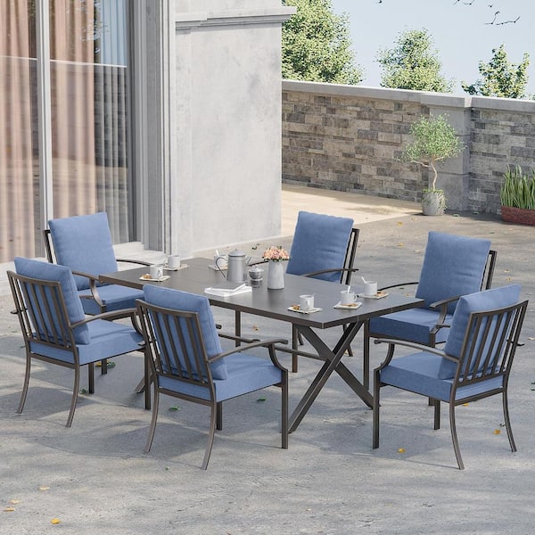 7-Piece Metal Patio Outdoor Dining Set with 6 Chairs, Large Table, Umbrella Hole and Navy Blue Cushions