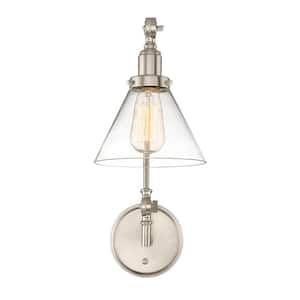 Drake 7.5 in. W x 17 in. H 1-Light Satin Nickel Wall Sconce with Clear Glass Shade and Included Cord/Plug