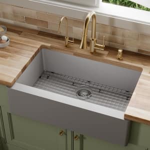 QA-740 Quartz/Granite 34 in. Single Bowl Farmhouse/Apron Front Kitchen Sink in Grey with Bottom Grid and Strainer