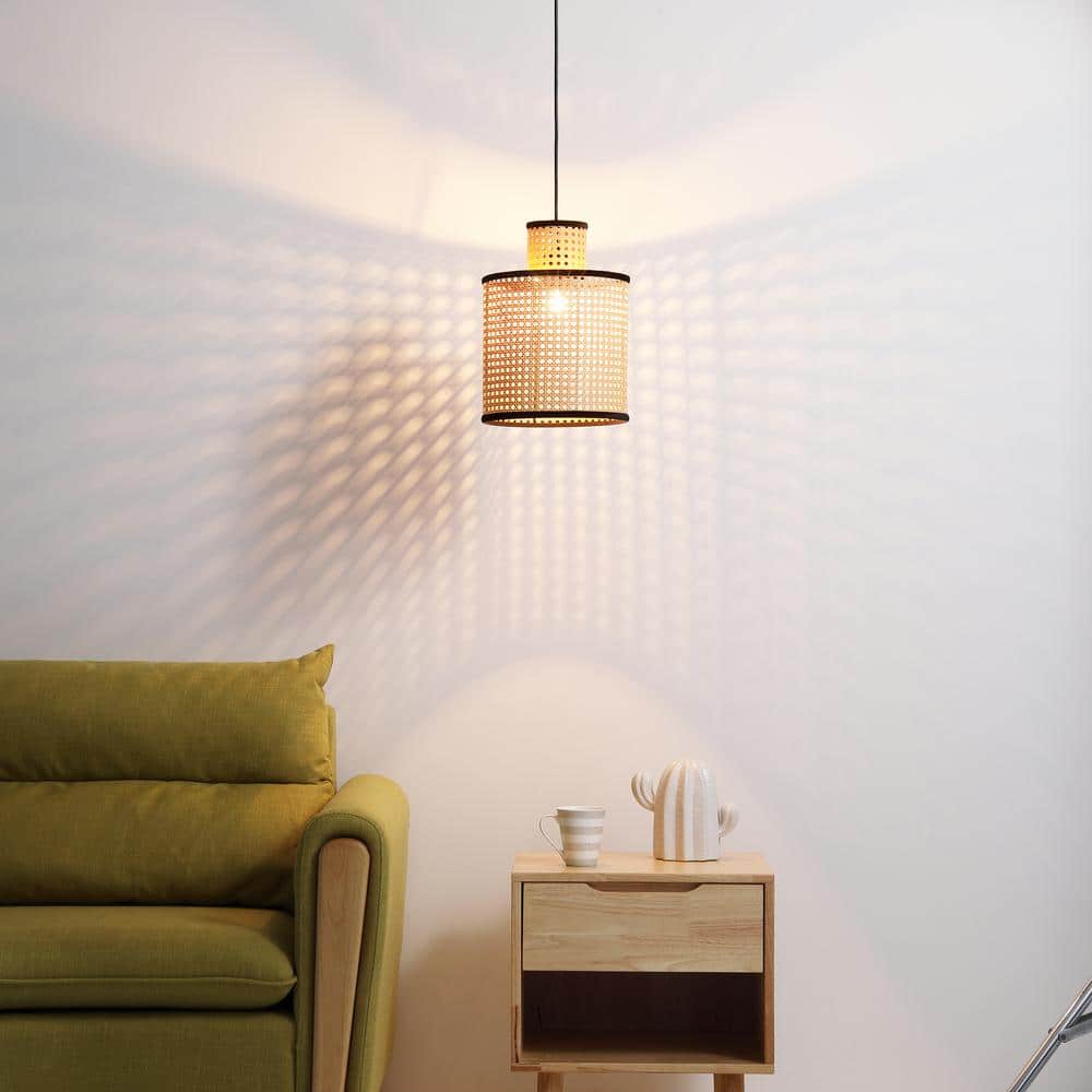 Bohemian Black Mini Pendant with Velvet-Stitched PVC Rattan Shade