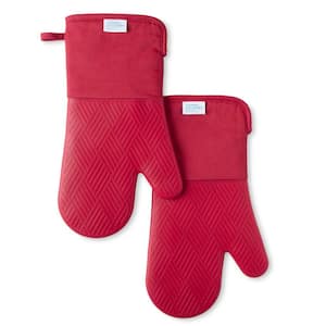 Basketweave Soft Silicone Solid Modern Red Oven Mitt (2-Pack)