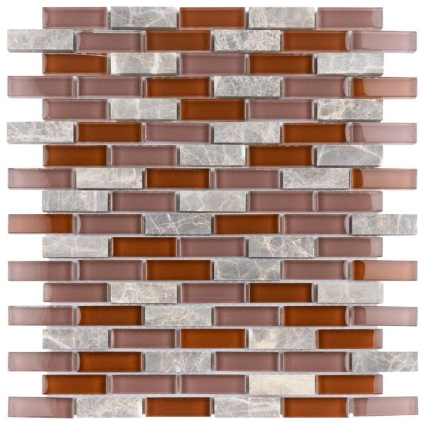Merola Tile Tessera Subway Bordeaux 10-3/4 in. x 11-3/4 in. x 8 mm Glass and Stone Mosaic Tile