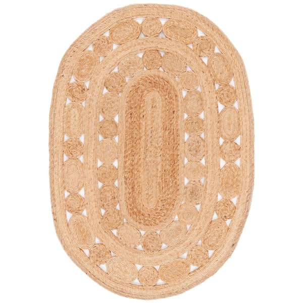 Natural Fiber Beige 4 ft. x 6 ft. Border Woven Oval Area Rug