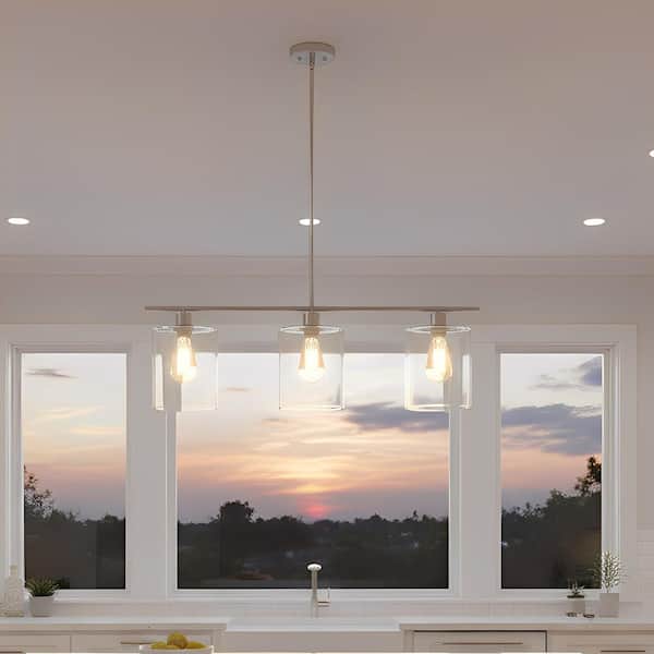 3-Light Brushed Nickel Modern Island Pendant Light Fixtures, Linear Chandelier Hanging Light with Clear Glass Shade