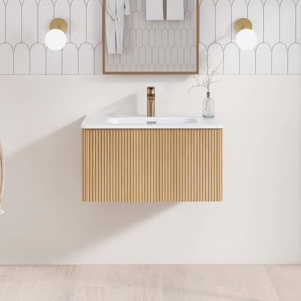Staykiwi 30 in. W x 18.3 in. D x 15.6 in. H Single Sink Wall Mounted Floating Bath Vanity in Oak with White Ceramic Top