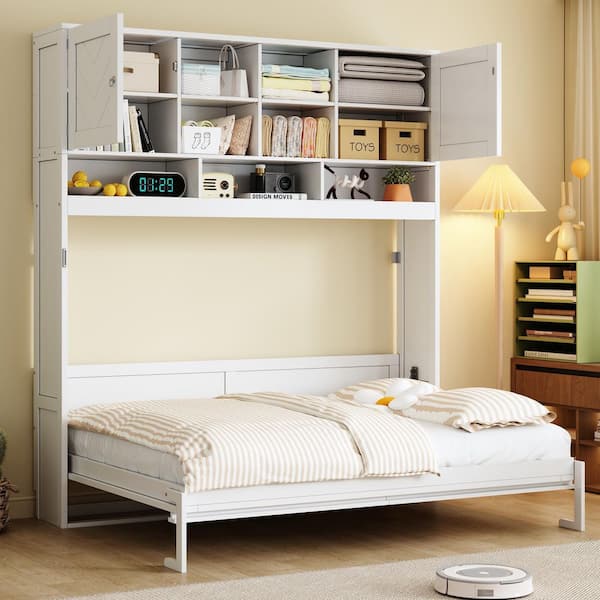 White Wood Frame Queen Size Murphy Bed with Ample Storage Space and Chevron Stripes