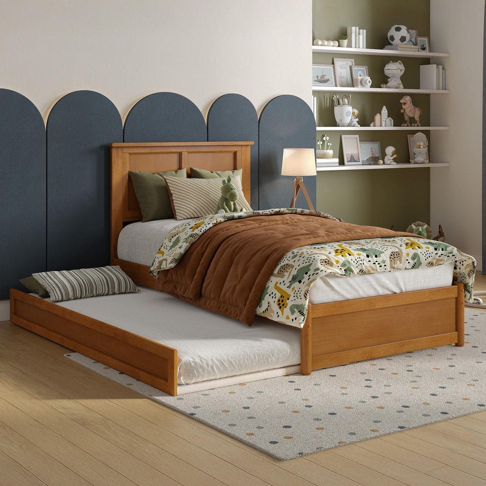 Felicity Light Toffee Natural Bronze Solid Wood Frame Twin Platform Bed with Panel Footboard and Twin Trundle