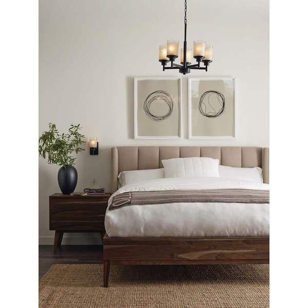 Alexa Collection 5-Light Antique Bronze Etched Umber Linen With Clear Edge Glass Modern Chandelier Light