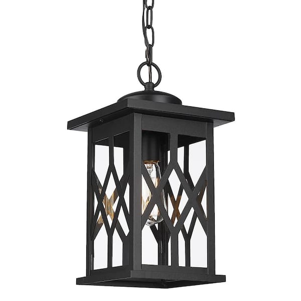 JAZAVA 16.3 in. 1-Light Black Anti-Rust Outdoor Pendant Light with Clear Glass Shape and No Bulbs Included