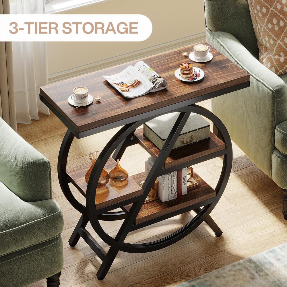25.59 in. Rustic Brown Rectangle Engineered Wood End Table, 3-Tier Narrow Side Table with Storage, Set of 2 - thumbnail 7