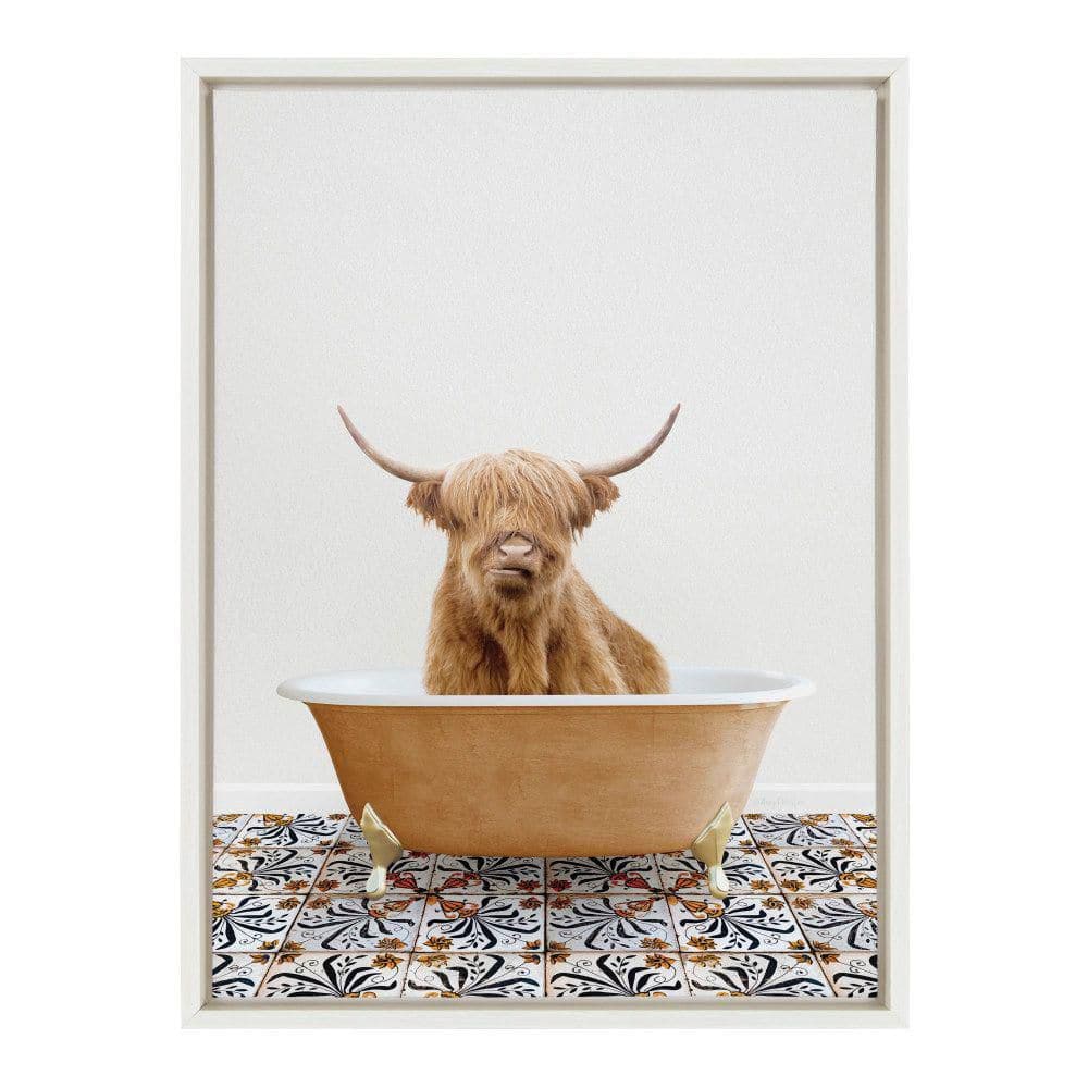 Whimsical Highland Cow in Bathtub Canvas Print, 18x24, White Frame