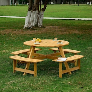 Outdoor Patio 8 Person Wooden Natural Round Picnic Table and Bench Set with Umbrella Holes and 4 Built-in Benches