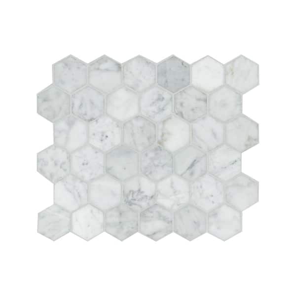 Carrara White 2 in. Hexagon 12 in. x 12 in. x 0.31 in. Honed Marble Mesh-Mounted Mosaic Tile (9.8 sq. ft./case)