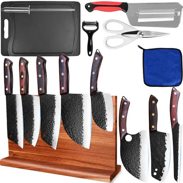 Kitchen Knife Block Set Full Tang High Carbon Steel Chef Knives with Magnetic Block, Sharpening Cloth