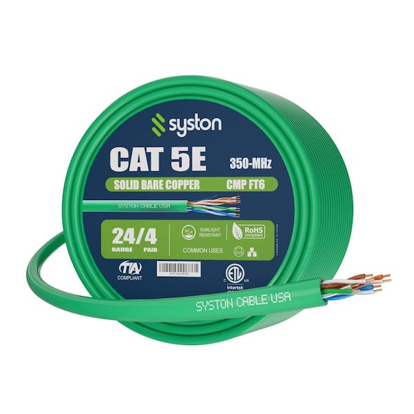 Syston Cable Technology 100 ft. Green CMP Cat5e 350 MHz 24 AWG Solid Bare Copper Ethernet Network Wire Data Cable - Bulk No Ends Heat Resistant