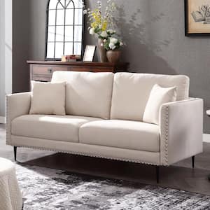 Classical Vintage Couch 72 in. Straight Arm Velvet Upholstered Sofa with Nail Head Trim and Pillows in Beige