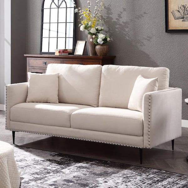 Morden Fort Classical Vintage Couch 72 in. Straight Arm Velvet Upholstered Sofa with Nail Head Trim and Pillows in Beige