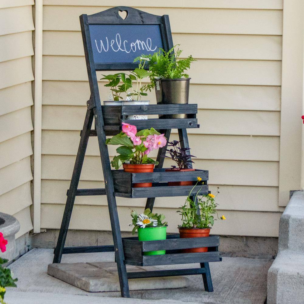 Black Fir Wood 3-Tier Ladder Plant Stand with Chalkboard