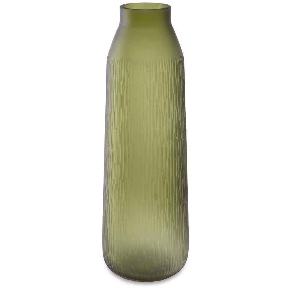 Olive Green Contemporary Carved Glass Table Vase
