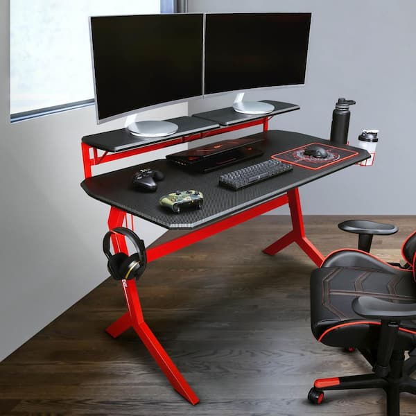 50 in. Red Ergonomic Computer Gaming Desk Workstation with Display Stand  and Cup Holder SW-DNZ-RE-16 - The Home Depot