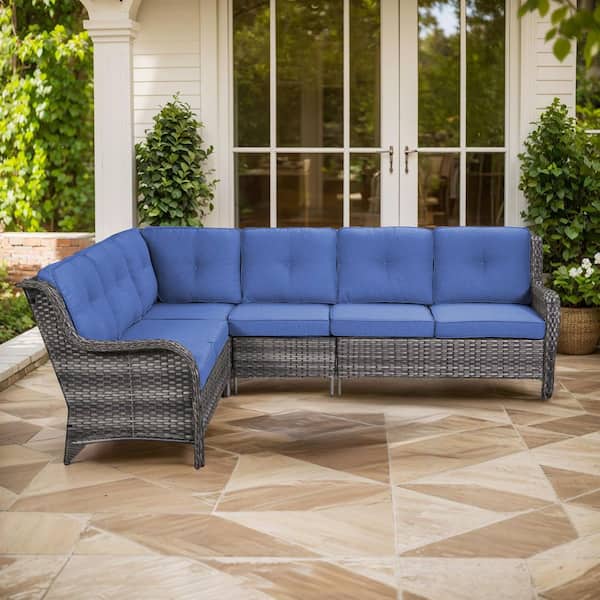 Arcline 2-Piece Gray Wicker Outdoor Sectional Set with Olefin Blue Cushions/L-Shaped Sofa for Patio Furniture