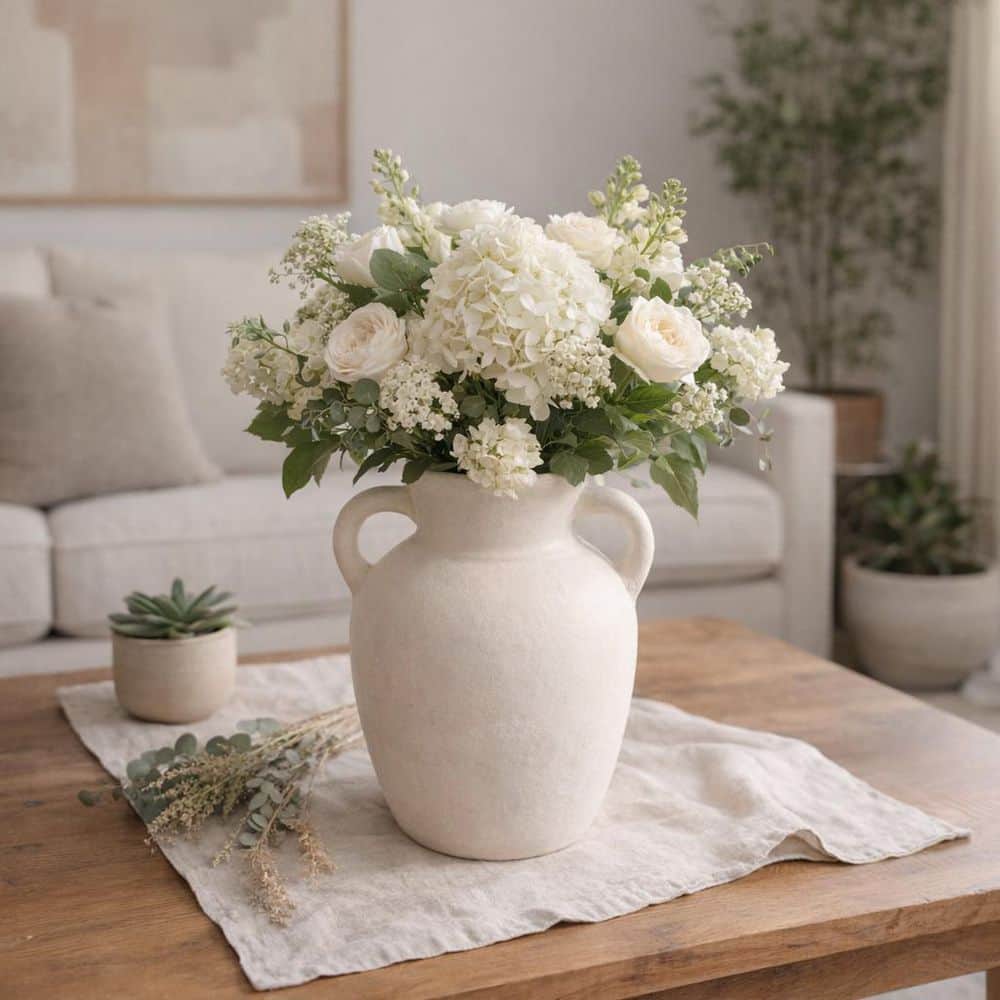 Liv & Skye 9 in. Ivory Ceramic Amphora Shape and Handles