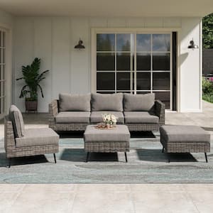 6-Piece Gray Wicker Outdoor Sectional Set with Gray Cushions